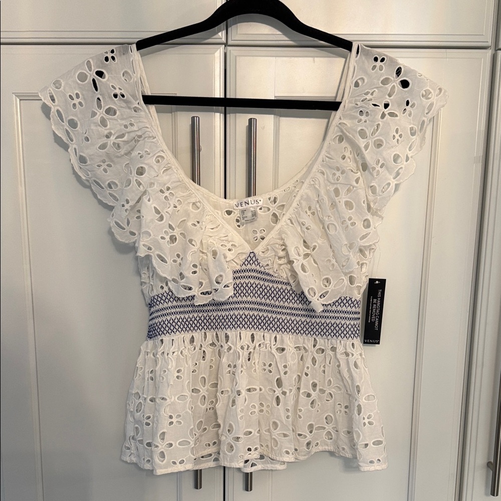 VENUS White Eyelet Ruffle Peplum Top with Navy Waist Embroidery